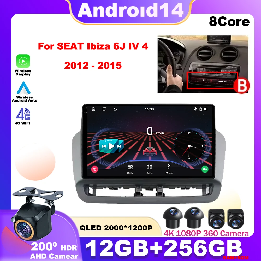 Carplay Android 14 Radio for Seat Ibiza 6j 2012 - 2015 AI Voice 4G Car Multimedia Video Player GPS autoradio No 2din 2 Din DVD