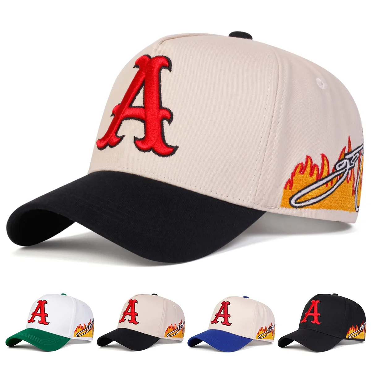 Unisex Baseballkappen mit A-Buchstaben-Stickerei und seitlicher Flammenmuster, Frühling-Herbst Outdoor Sonnenschutz-Hut, Verstellbare Casual Trucker-Mützen