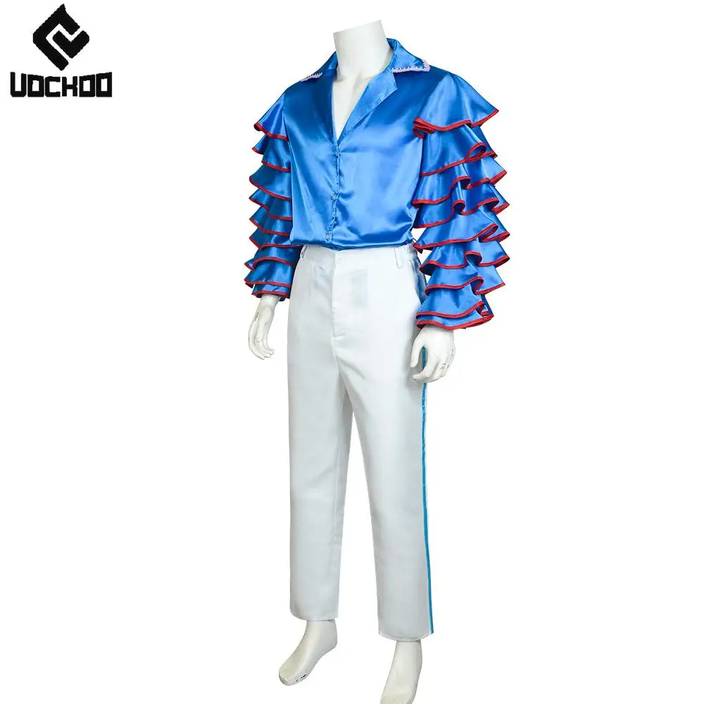 

Movie Mask Jim Cosplay Costumes Men Blue Ruffled Satin Shirt Pants Outfits with Hat Halloween Carnival Fiesta Themed Party Suit