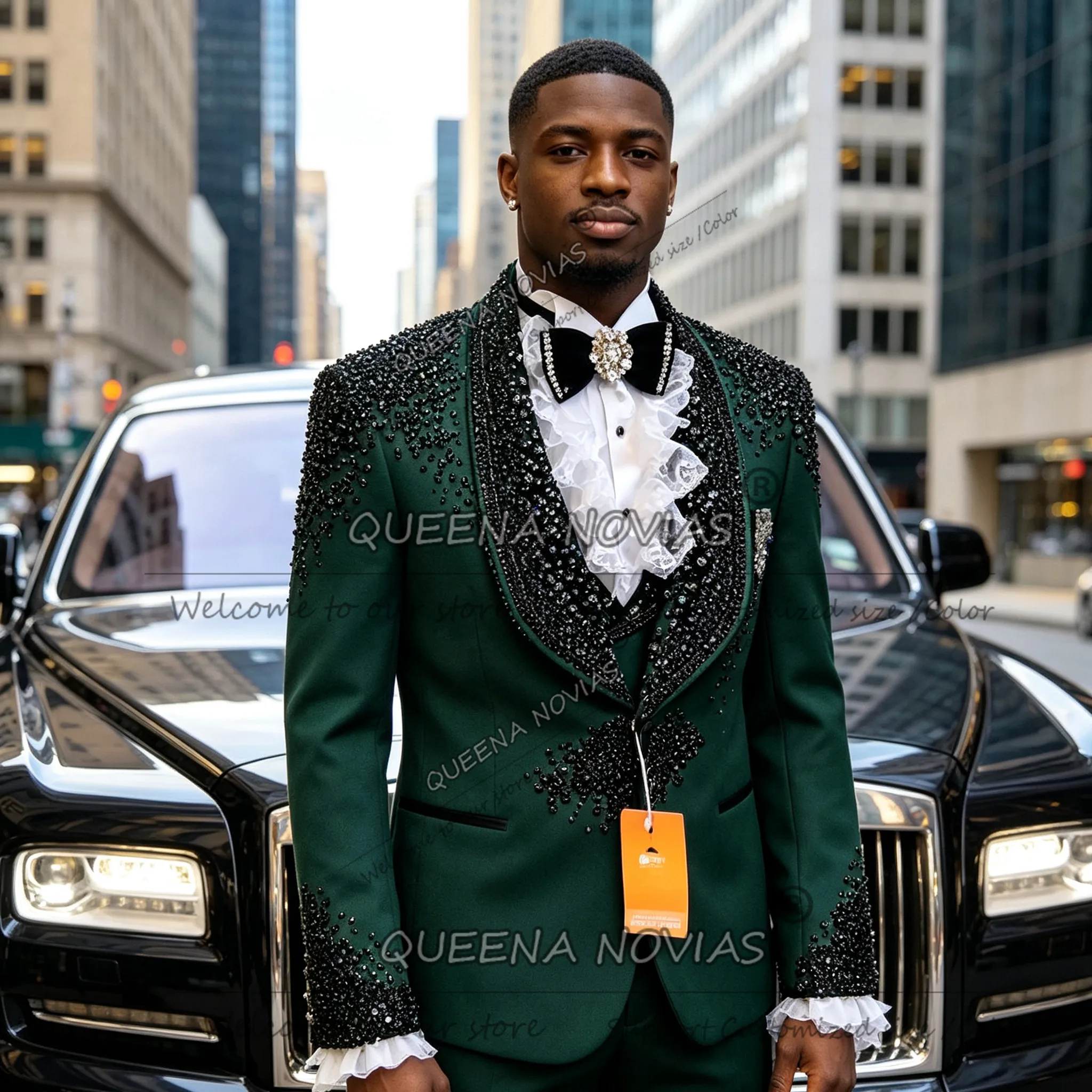 Exclusive Wedding Suits For Man Black Diamond Beaded Prom Blazers Customized 3 Pieces Sets Shawl Lable Groom Tuxedos Red Carpe