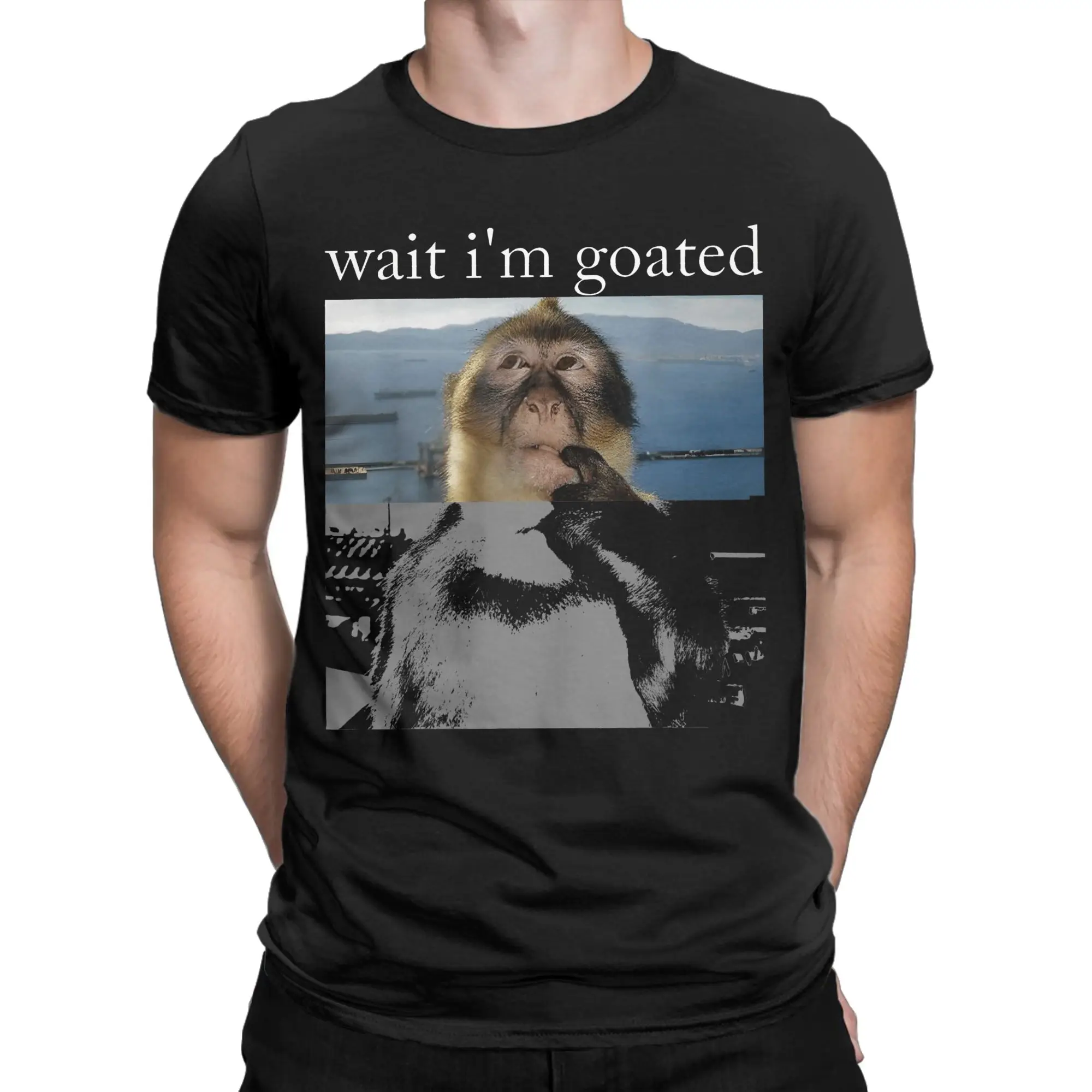 Wait I'M Goated Funny Thinking Monkey Meme Brainrot T Shirt for Men Cotton Crazy T-Shirt O Neck Tee Shirt Clothing Birthday Gift