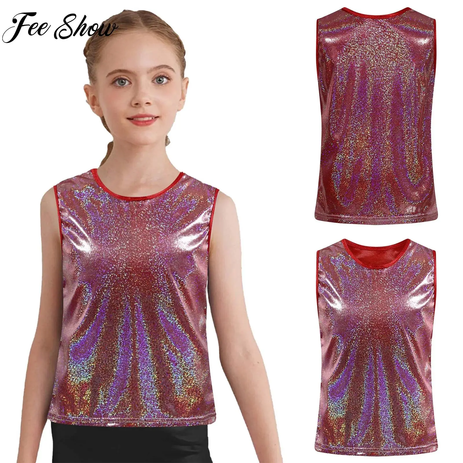Girls Boys Metallic Mini Dots Jazz Dance Vest Hip Hop Dancewear Streetwear Sleeveless Tank Top Cheerleading Performance Costume