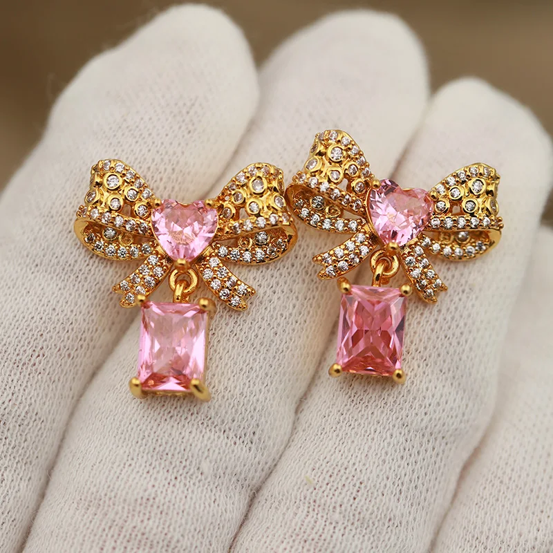 New Sight Design Classic Zirconia Bowknot Stud Earrings for Women Fashion Brand Brand Jewelry Luxury Crystal Waterdrop Earrings