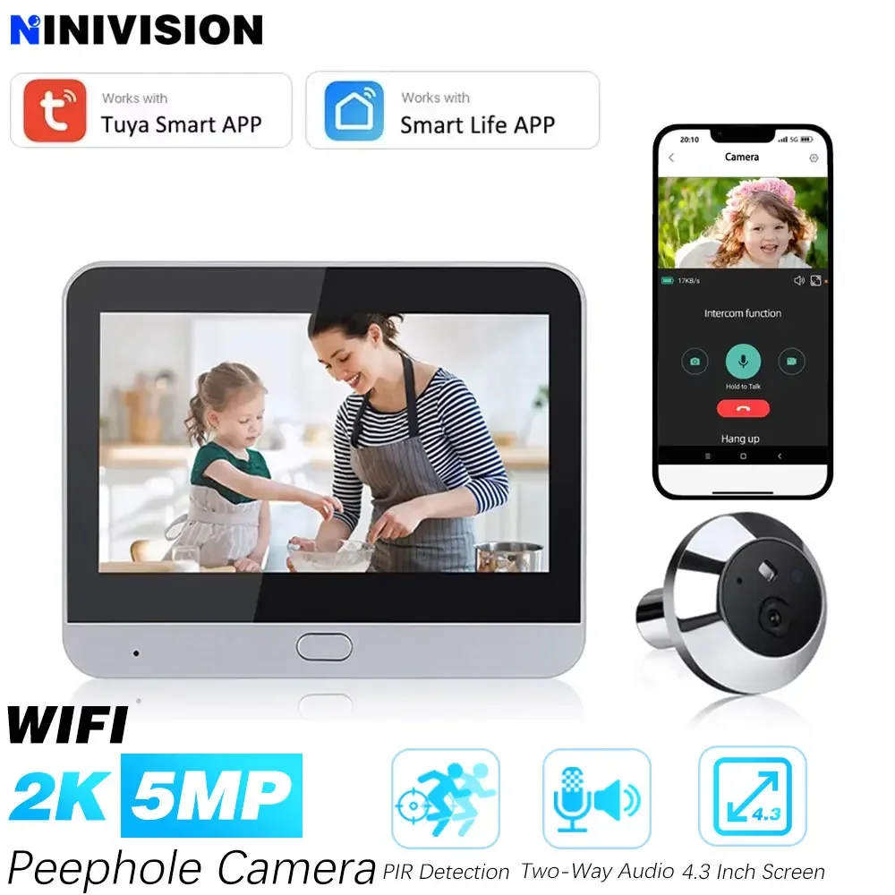 Tuya Wireless Radar Doorbell 4.3 Inch 5MP Digital Door Peepholes Camera Eye Video Doorbell PIR Night Vision Motion Detection