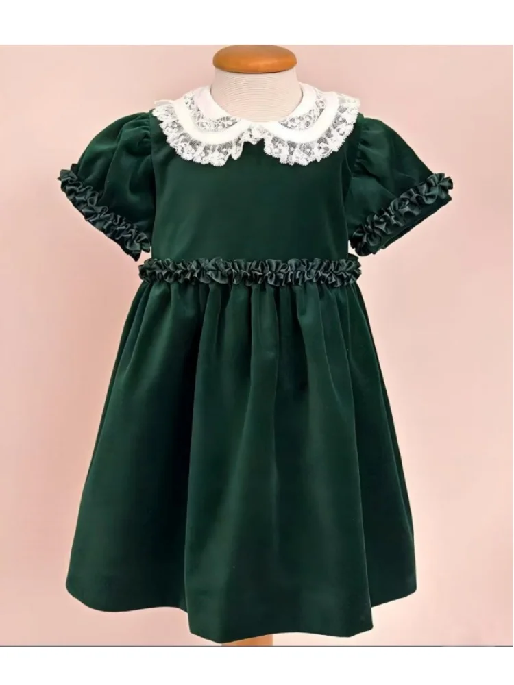 

0-12Y Baby Girl Autumn Green Velvet Embroidery Vintage Princess Green Dress for Birthday Photography Holiday Eid Christmas C198