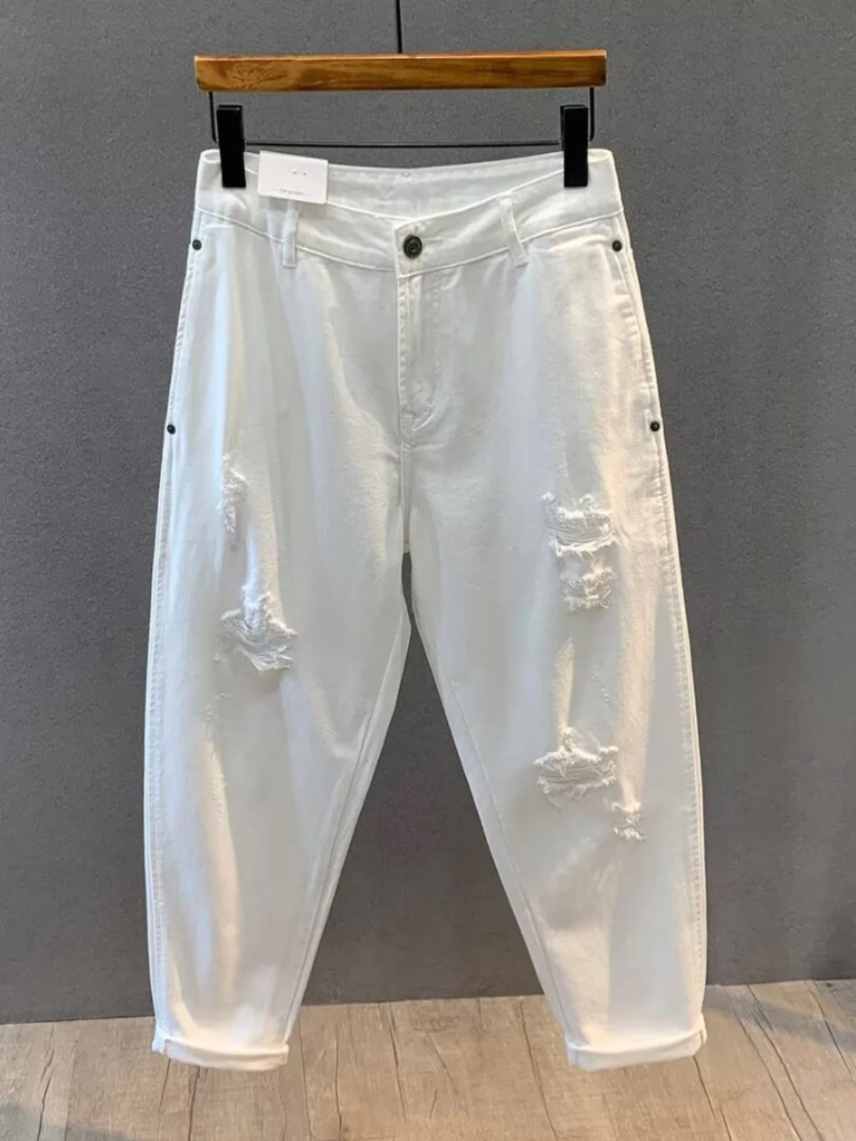 

White Ripped Loose Straight Leg Men's Jeans Japanese Sle Nine-Tenths Harlan Pants Summer Youth Casual Thin Denim Jeans