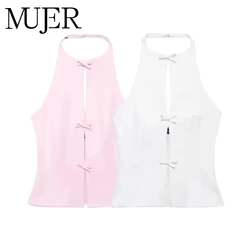 MUJER 2025 Off Shoulder Halter Top Female Pink White Crop Top Women Bow Cut Out Sleeveless Backless Top Woman Sexy Summer Tops