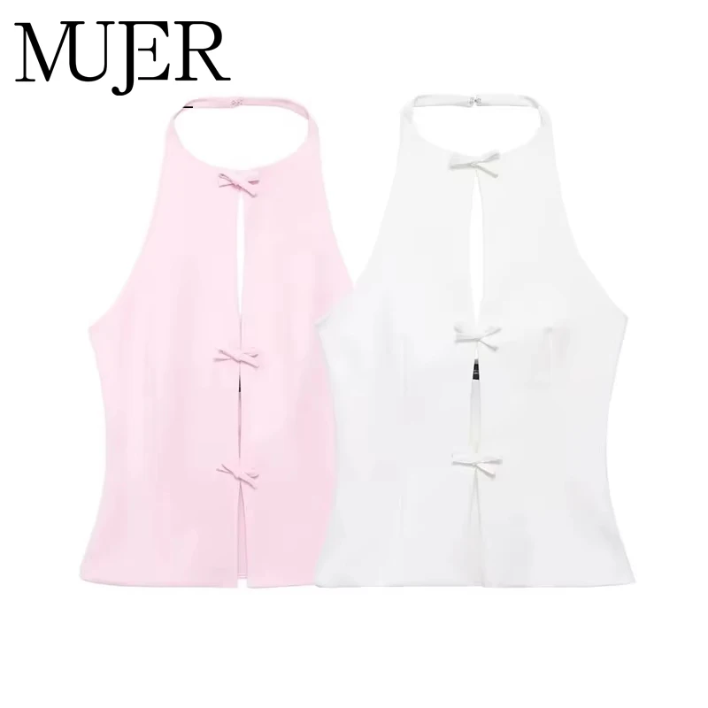 MUJER 2025 Off Shoulder Halter Top Female Pink White Crop Top Women Bow Cut Out Sleeveless Backless Top Woman Sexy Summer Tops