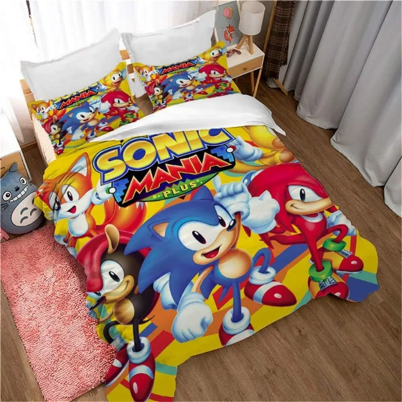 Sonic Duvet Cover - Polyester & Rayon, Sonic Room Decor Duvet Cover Set, 1 Duvet Cover and 2 Pillowcases, Kids Birthday Gift