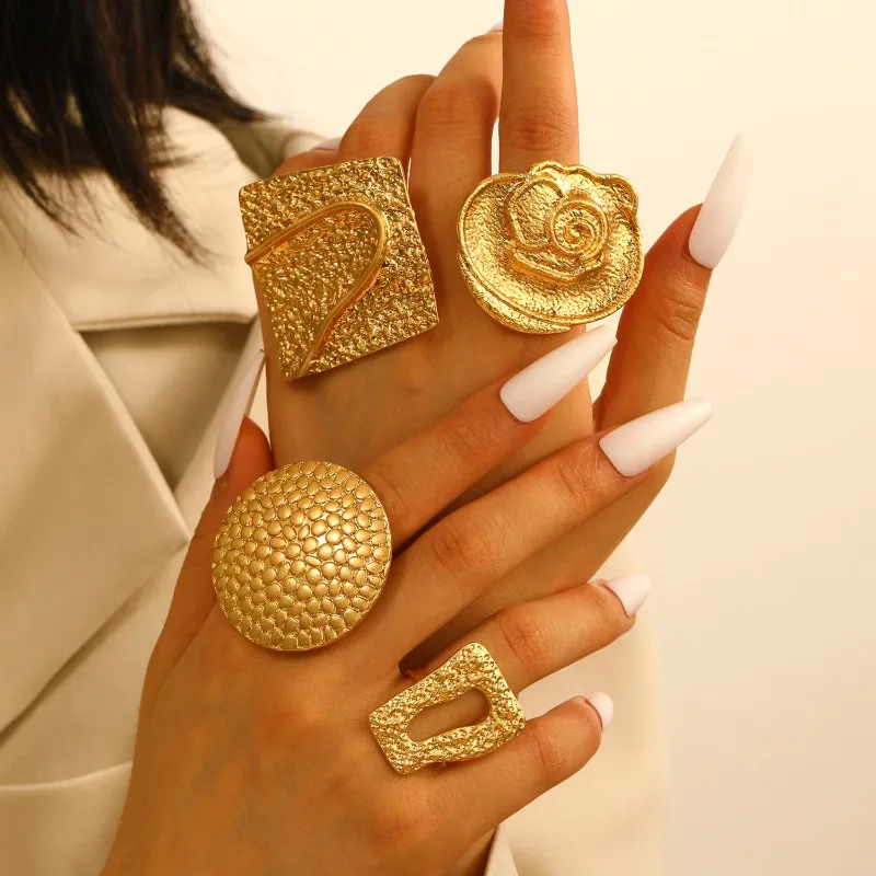 

Fashion Rose Flower Thump Ring for Women Vintage Gold Color Frosting Metal Large Round Geometry Finger Rings Fashion Jewelry