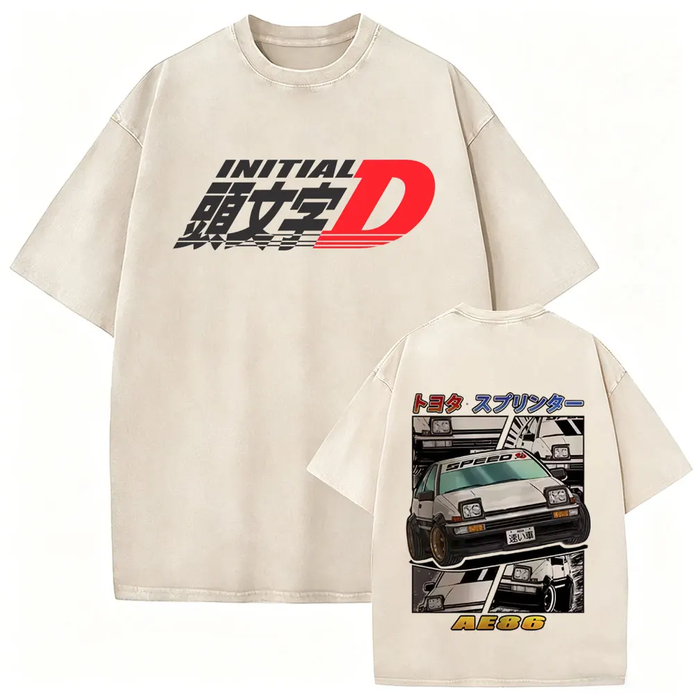 Washed Vintage Anime Initial D AE86 Fujiwara Takumi Graphic T-shirts Men's Manga Casual T-shirt Male Retro Oversized T Shirts