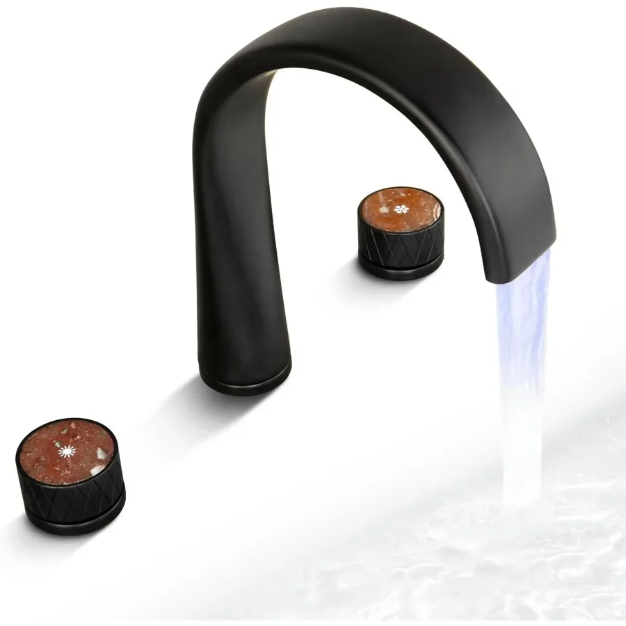 

Matte Black Waterfall Bathtub Faucet 2 Handle LED Deck Mount Tub Faucets Modern Bathroom Faucet 3 Hole Waterfall 360° Swivel Sp