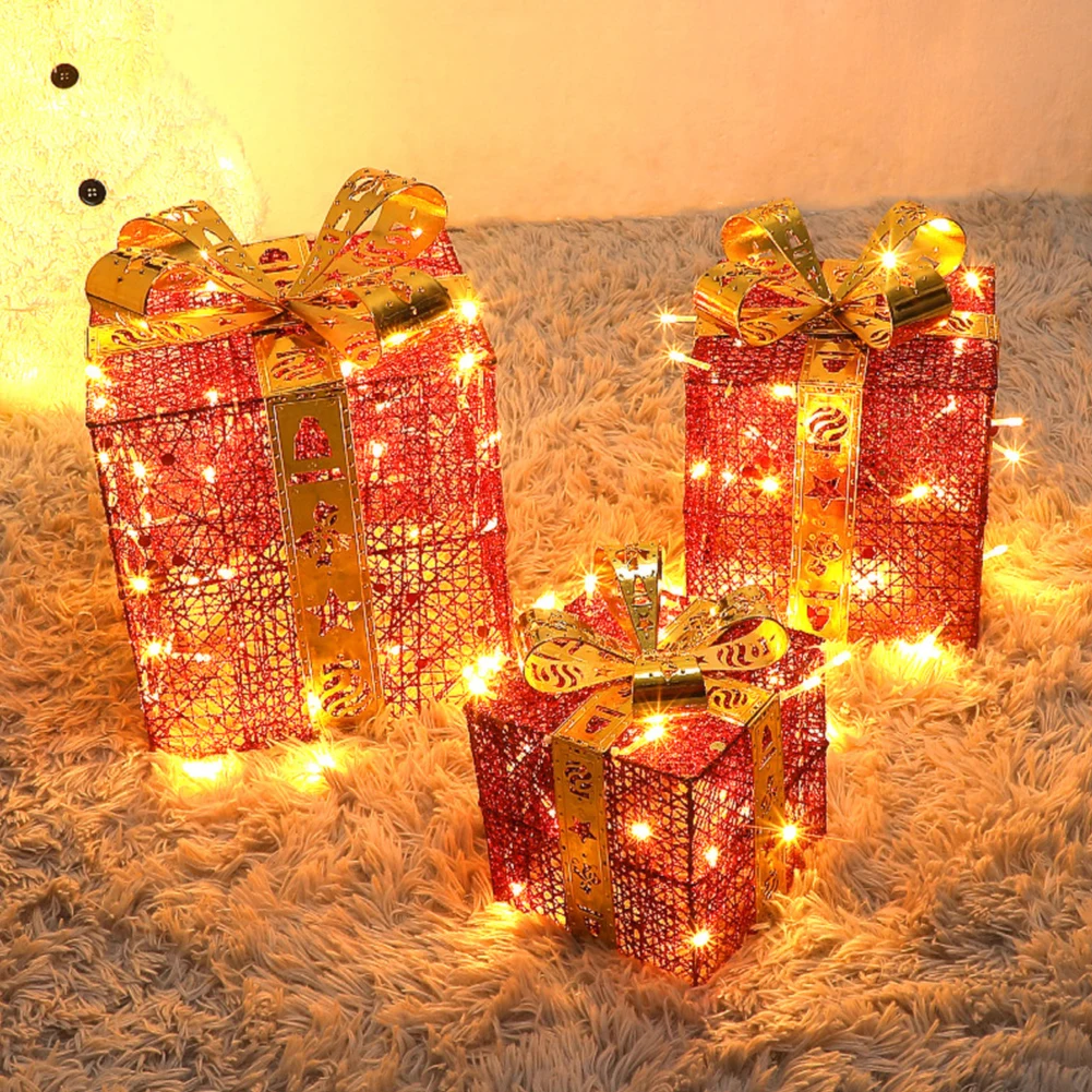 Christmas Light Up Present Boxes 25/20/15CM Set of 3 for Outdoor Indoor Christmas Tree/Yard/Home Decor for Home Holiday Party