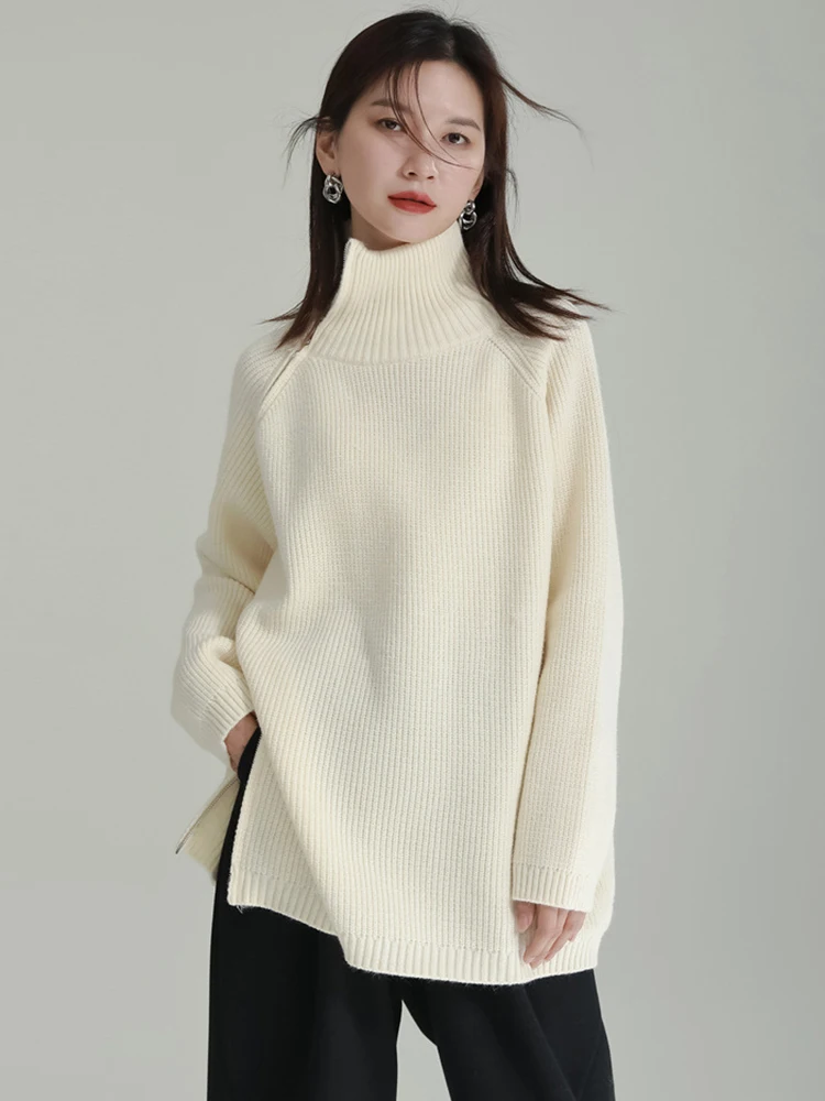 [EAM] Gray Zipper Big Size Knitting Sweater Turtleneck Long Sleeve Women Pullovers New Fashion Tide Spring Autumn 2024 1DH8179