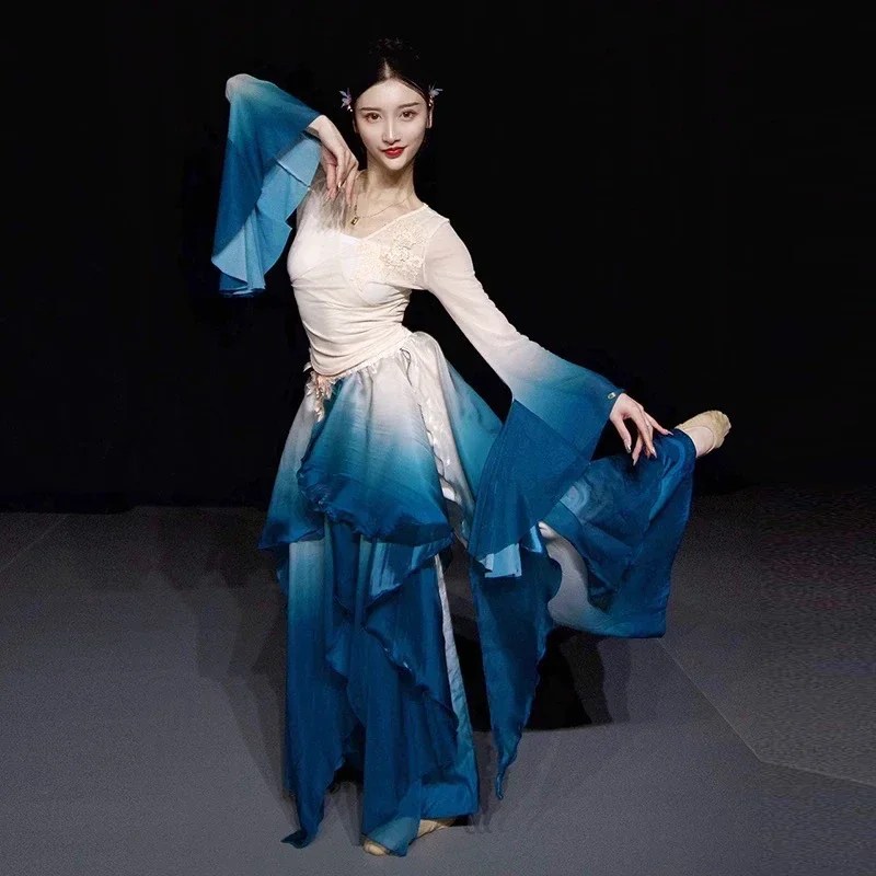 Traje de danza clásica, vestido de gasa de color degradado elegante y súper hada, falda ligera que fluye, traje de baile