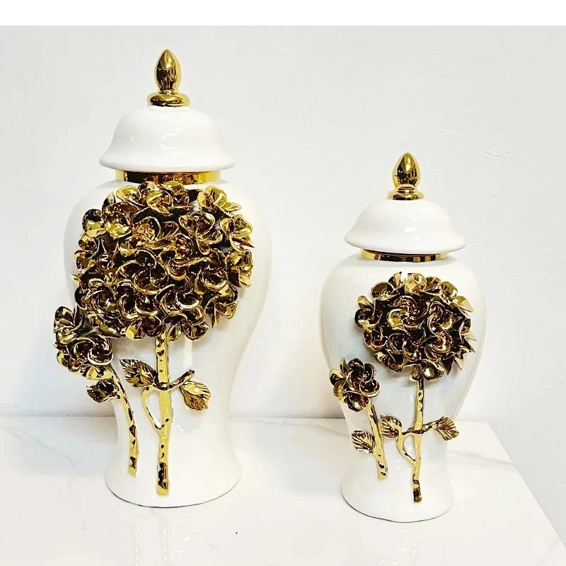 Ceramic General Jar Ginger Cans Golden Flowers Embossed Hand-appliquéd Vintage Vase Flower Home Decoration