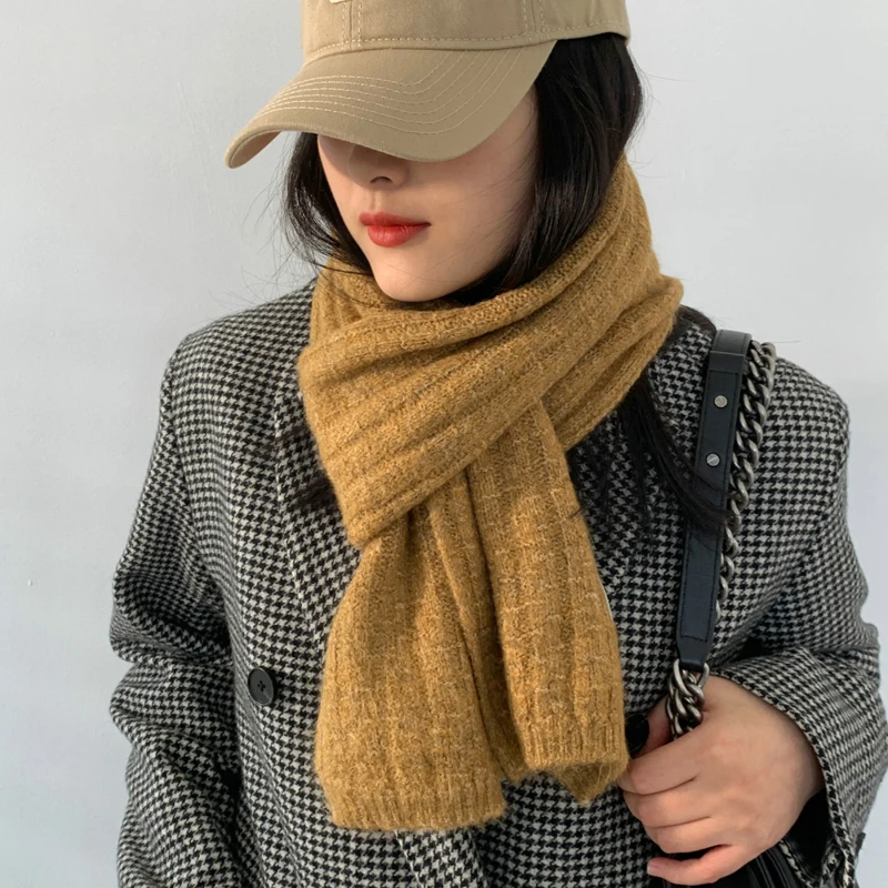 Winter Fashion Solid Knitted Scarf for Women Design Warm Woolen Yarn Neckercheif Long Muffler Korean Style Scarf For Women