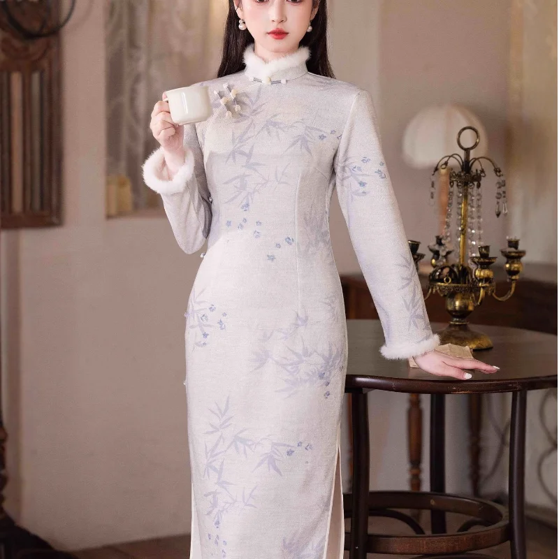 Women Sexy Chenille Qipao Print Vintage Button Cheongsam Patchwork Long Slkeeve Party Dress Mandarin Collar Elegantsvestidos