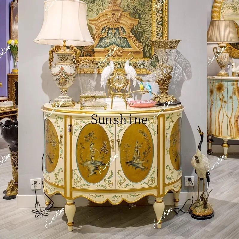 French art side cabinet high-end solid wood carving flower painted decorative cabinet  FT