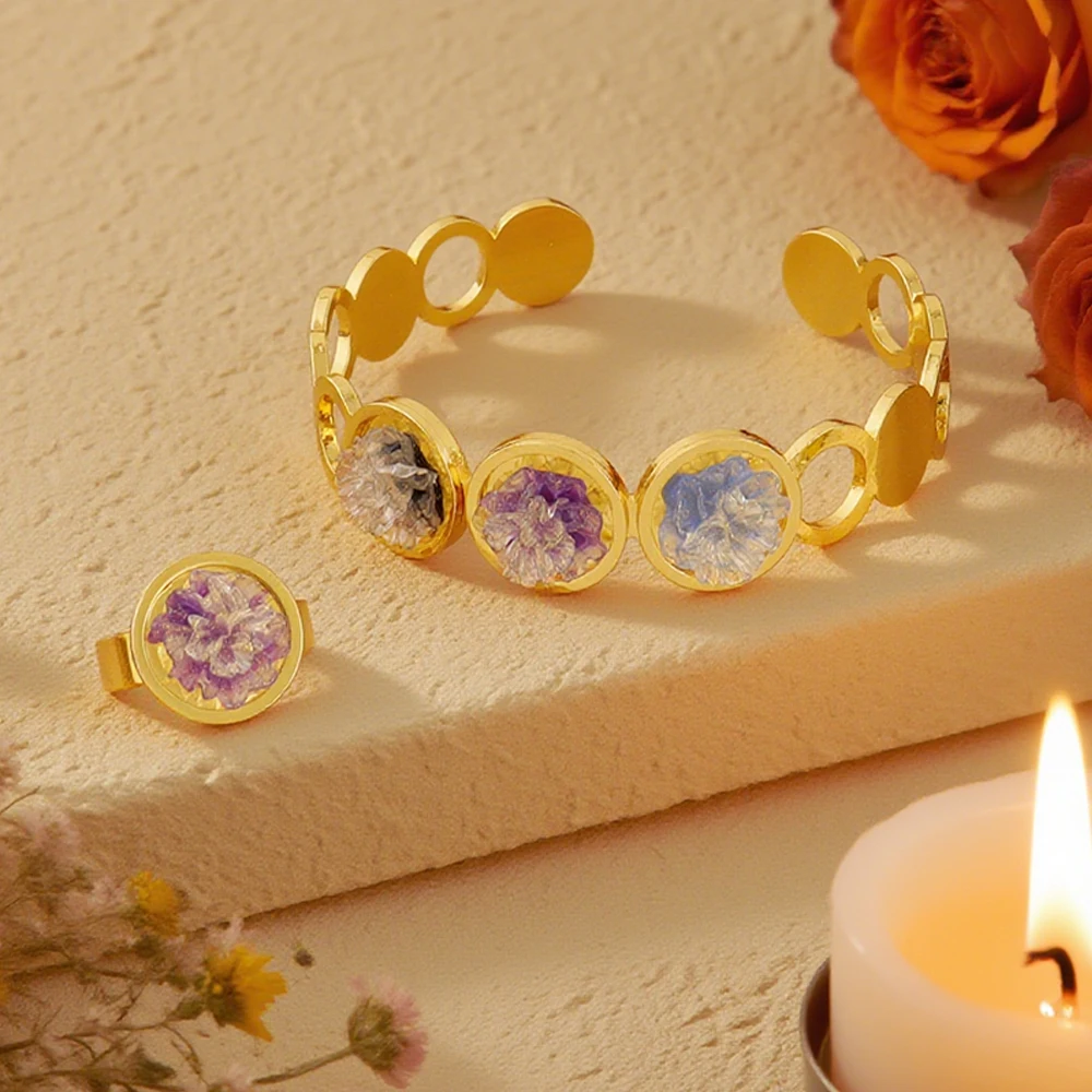 

Stainless Steel Flower Shaped Zircon Rings Bracelet 24K Gold Plated Opening Ring Arab Dubai Women Jewelry Set For Wedding Gift