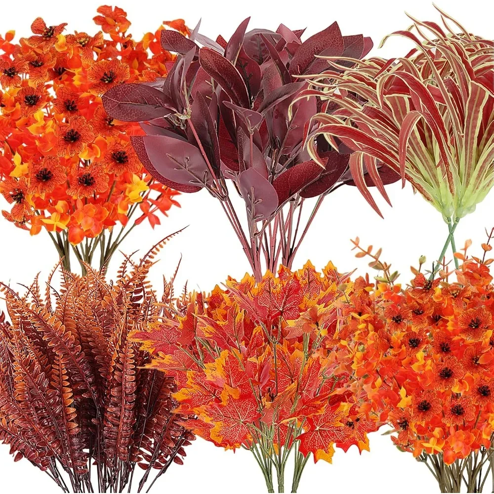 16 عناقيد من نباتات الزهور المزيفة للخارجية ديكور الخريف زهور اصطناعية مقاومة للأشعة فوق البنفسجية خشب البقس فو الخريف البرتقالي البخاخ القيقب #1