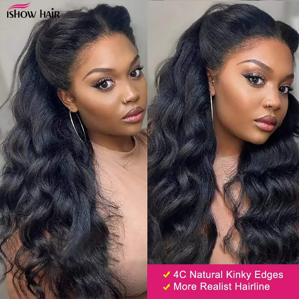 Ishow 4C Body Wave Edges Baby Hair 4x4 Lace Closure Wigs 13x4 13x6 Lace Front Human Hair Wigs Kinky Edges Natural Hairline Wig