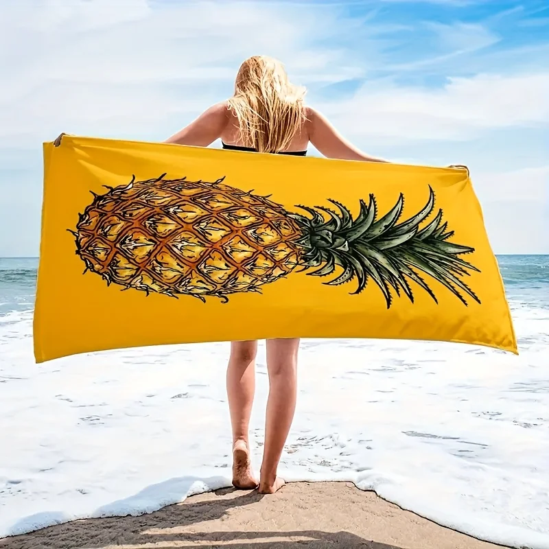 1pc Yellow Pineapple Print Beach Towel | Comfortable, Quick-Dry, Ideal For Swimming, Camping, And Bathing, Polyester