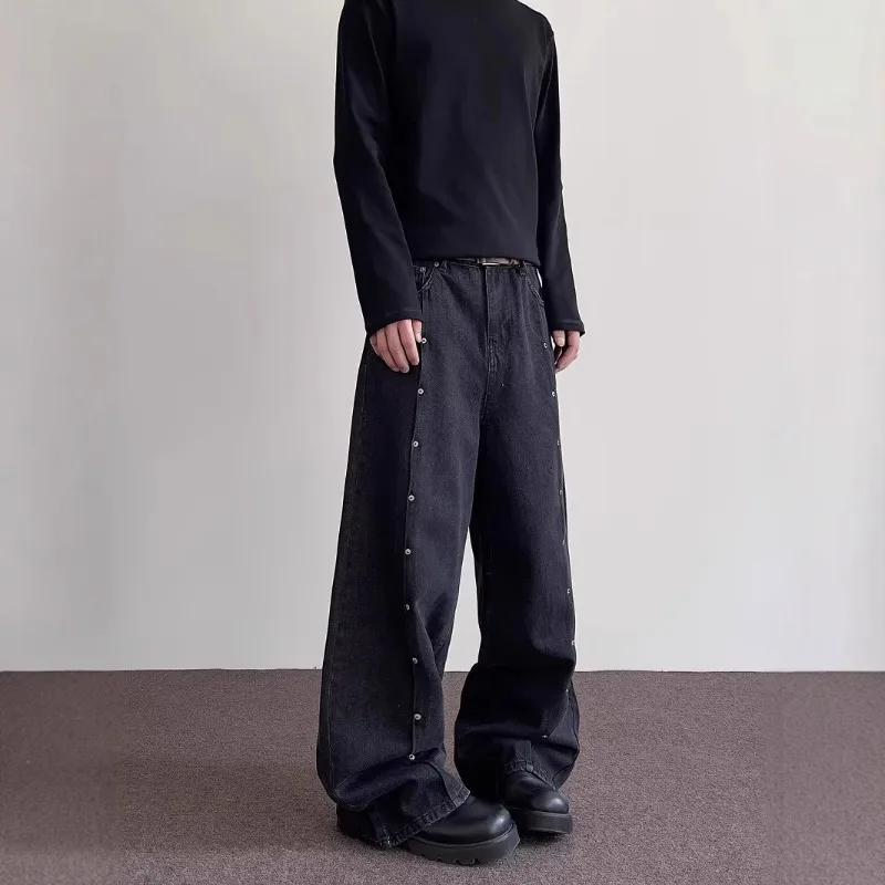 

Мужские джинсы American High Street с заклепками и изогнутыми лезвиями, модные свободные прямые брюки для похудения, крутые широкие джинсовые брюки