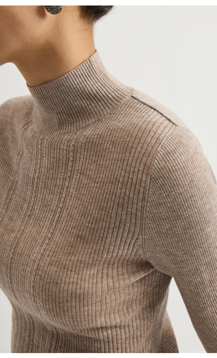 BL3621716 Damen-Wollmischung-Oberteil mit Trichterkragen, kurzen Ärmeln, geripptem Strick, Taillenketten-Detail, schmaler Schnitt, zeitlos, für den frühen Herbst. – Detail 9