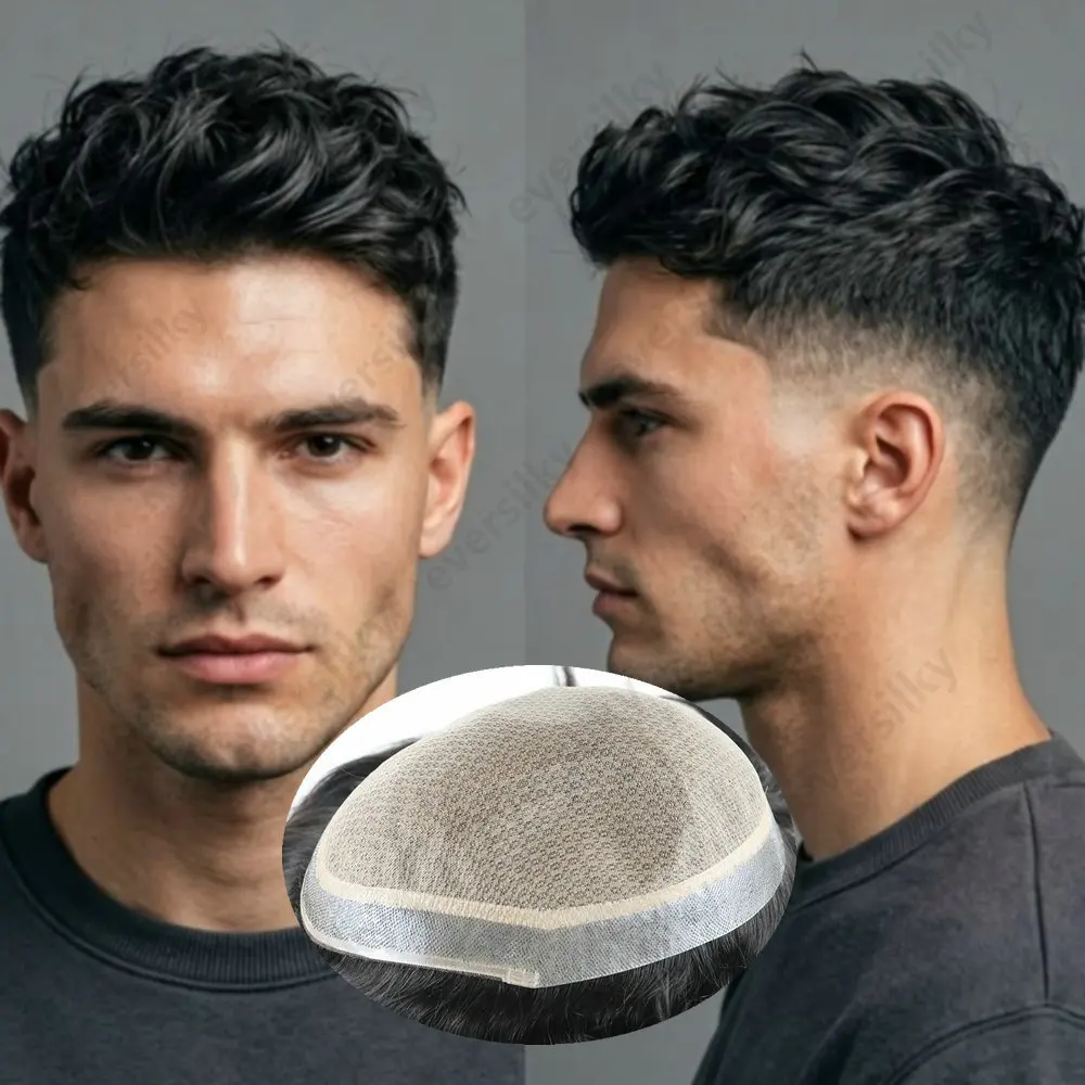 Realistische M-Spitzen-Seidenbasis mit Diamantnetz Herrenperücke, natürlicher Haaransatz, Herren-Toupet, langlebiges 100% Echthaar-System, Herren-Haarteile – Detail 1