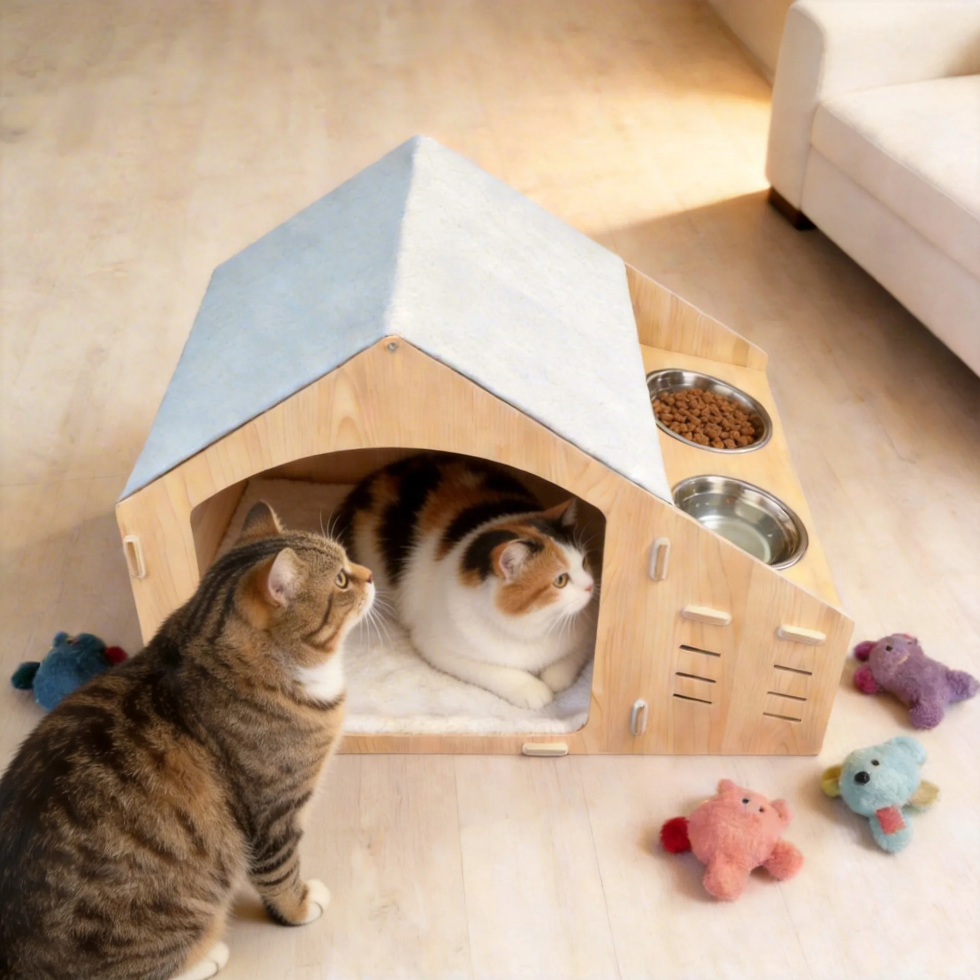 Casa de madera para gatos con comedero integrado, cama y rascador
