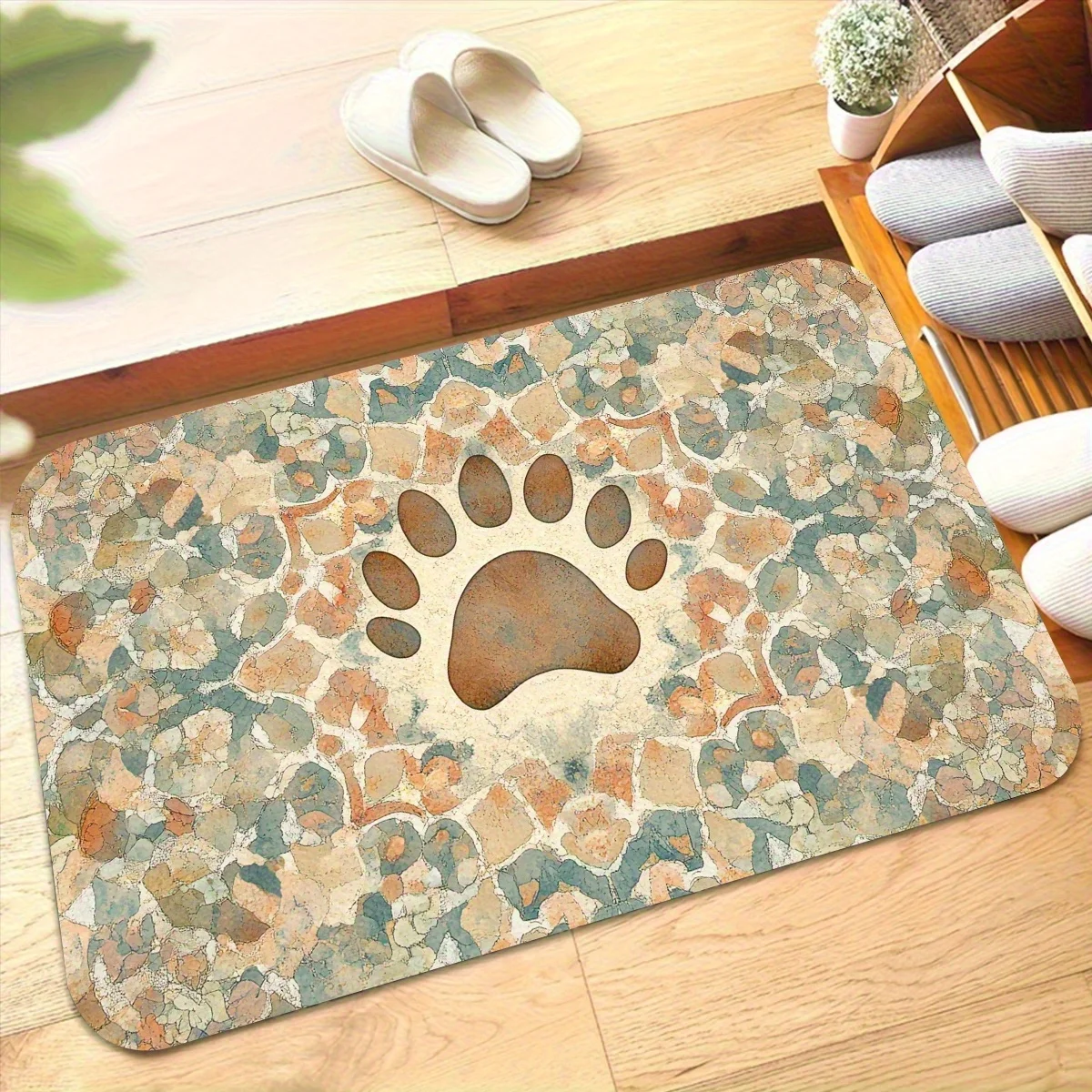 1pc Terrazzo pet paw print patterned floor mat, machine washable polyester, suitable for bedroom and living room decoration.