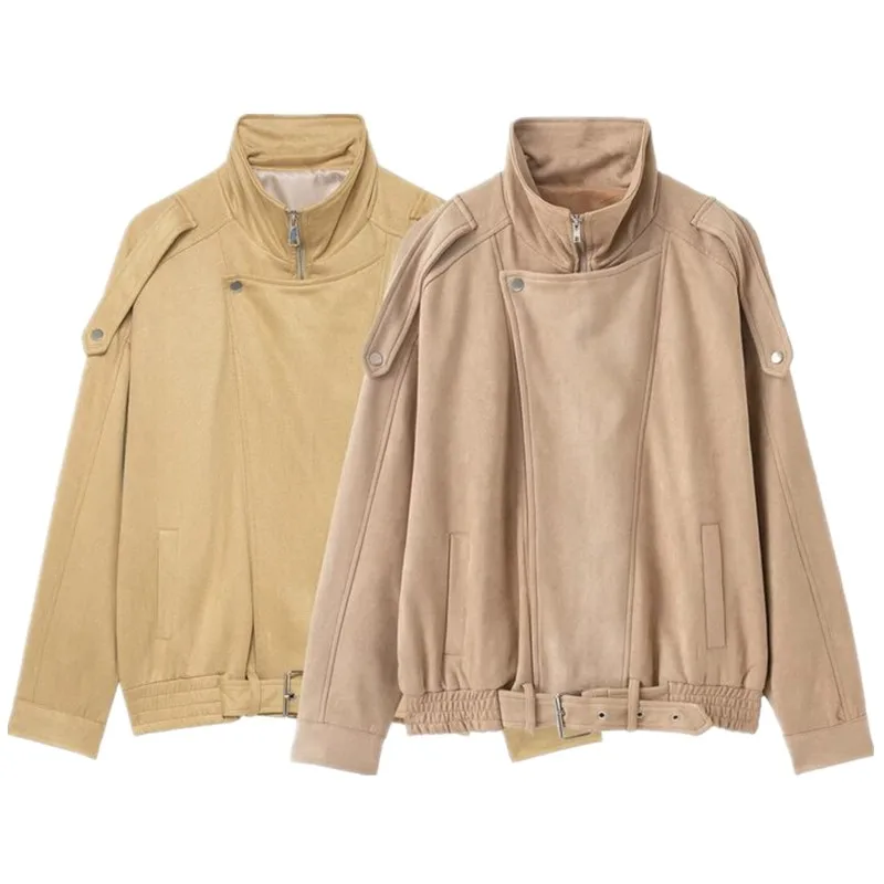 Faionable camurça longa sve zíper jaet feminino fino ajuste gola outerwear nova chegada inverno 2025 comute sle