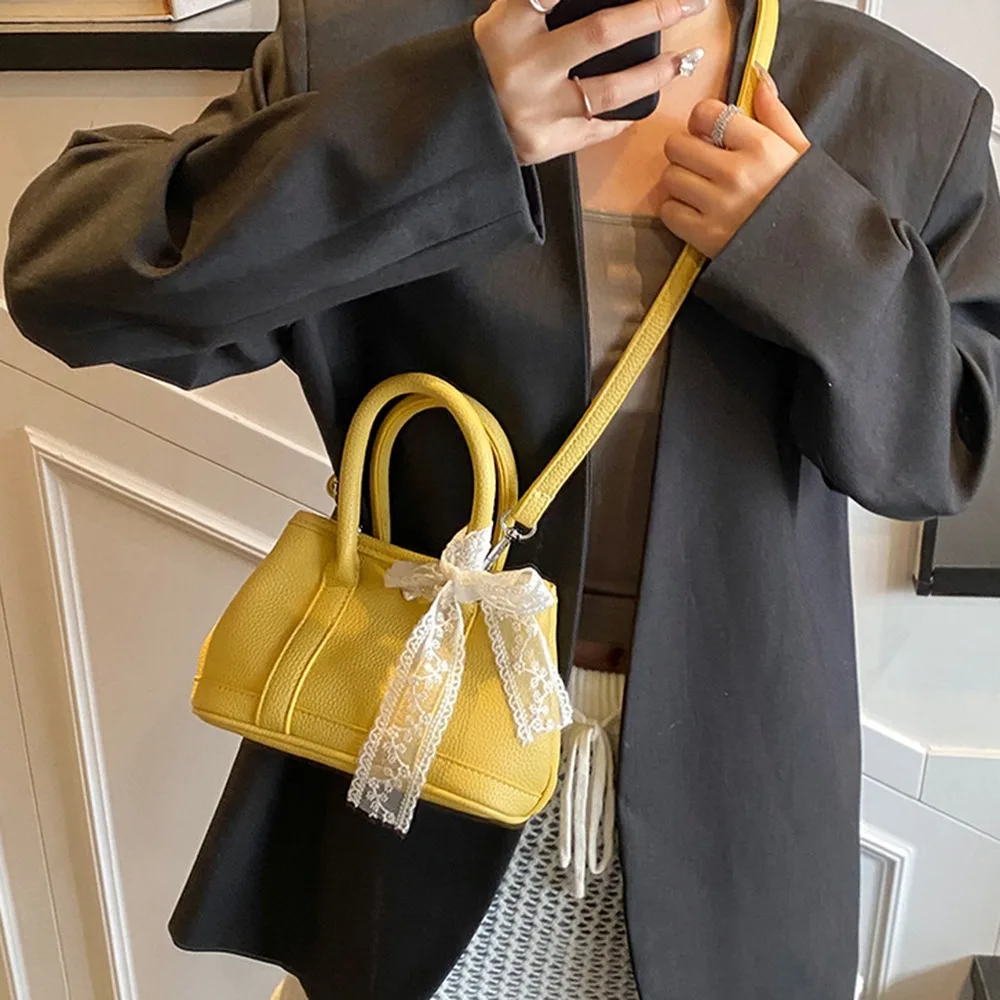 

Lychee Texture Women's Handbag Lace Bow Pendant Elegant Bucket Crossbody Bag Storage Bag Soft PU Leather Shoulder Bag Student