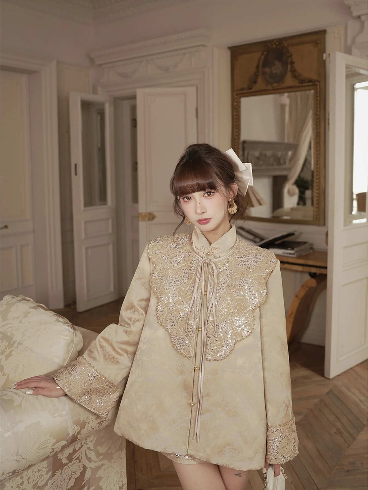 

Original Chinese Sle down Jaet Du Feather Quilted Floral Embroidery Gold Le Cloud Pattern Women's Warm Thi Long Sve