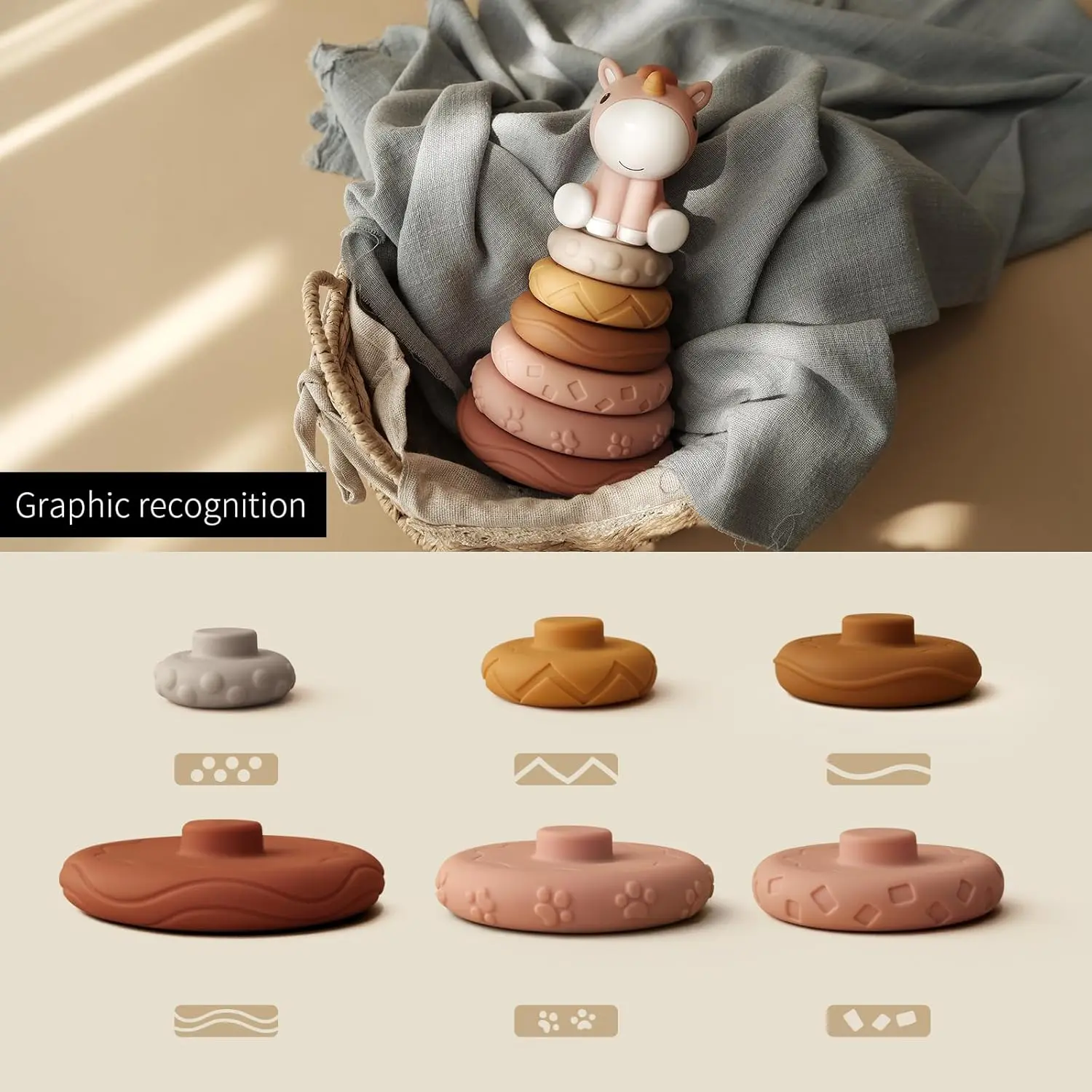 7 Pcs Stacking & Nesting Baby Toys, Squeeze Teething Toys and Building Circle with Pink Horse Figure, Newborn Essentials for 6 1