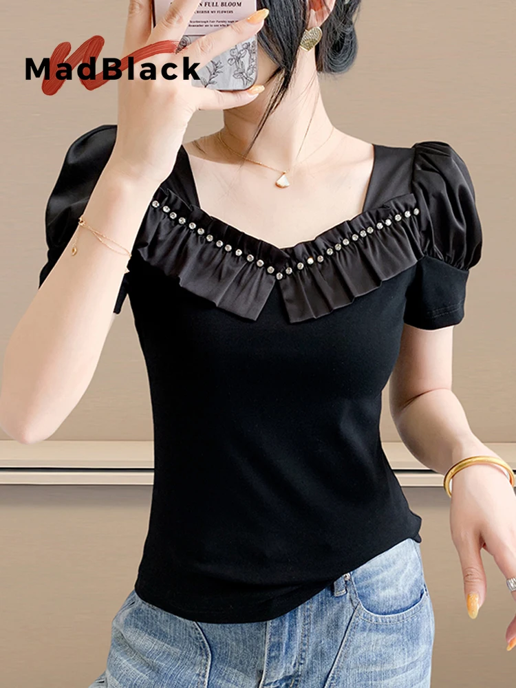 MadBlack-Women European T-Shirt, Sexy Square Collar Beading, Hotsweet Puff Sleeve Slim M-3XL Knit Tee, 2026 Summer New T67206CC