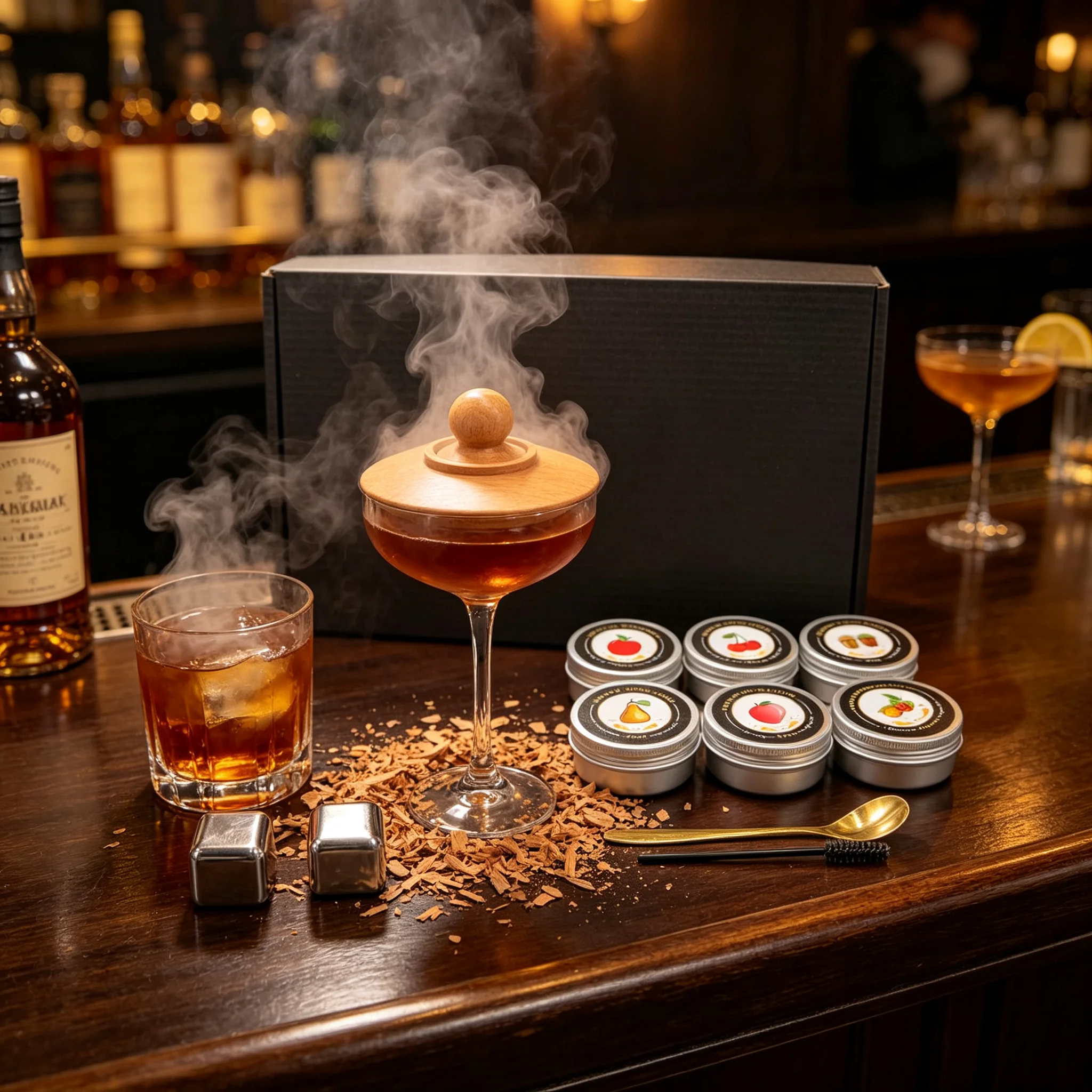 Cocktail Smoker Kit With 4 Kinds Wood Chips Flavors 2 Ice Wine Stones Wooden Smoker Hood For Old Fashioned Whiskey Drink Infuser