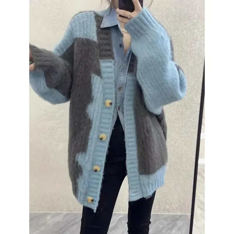 V-neck Cardigan for Women Korean Fashion New Knit Oversize Sweaters Long Sleeve Patchwork Jumper Female Fall Vintage Loose