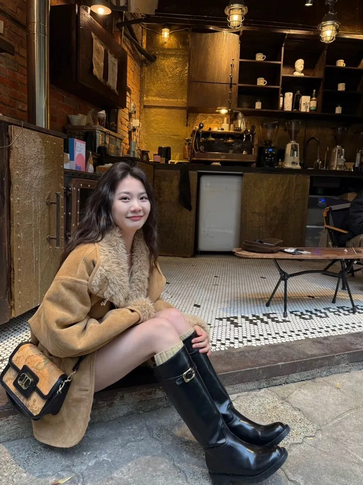 Płaszcze z pluszu zapinane na jeden guzik, imitacja futra jagnięcego, dwustronne noszenie, kurtki ze sztucznego futra, skóra i futro, luźne, ciepłe, khaki, futrzane kurtki, puszyste, luksusowe.