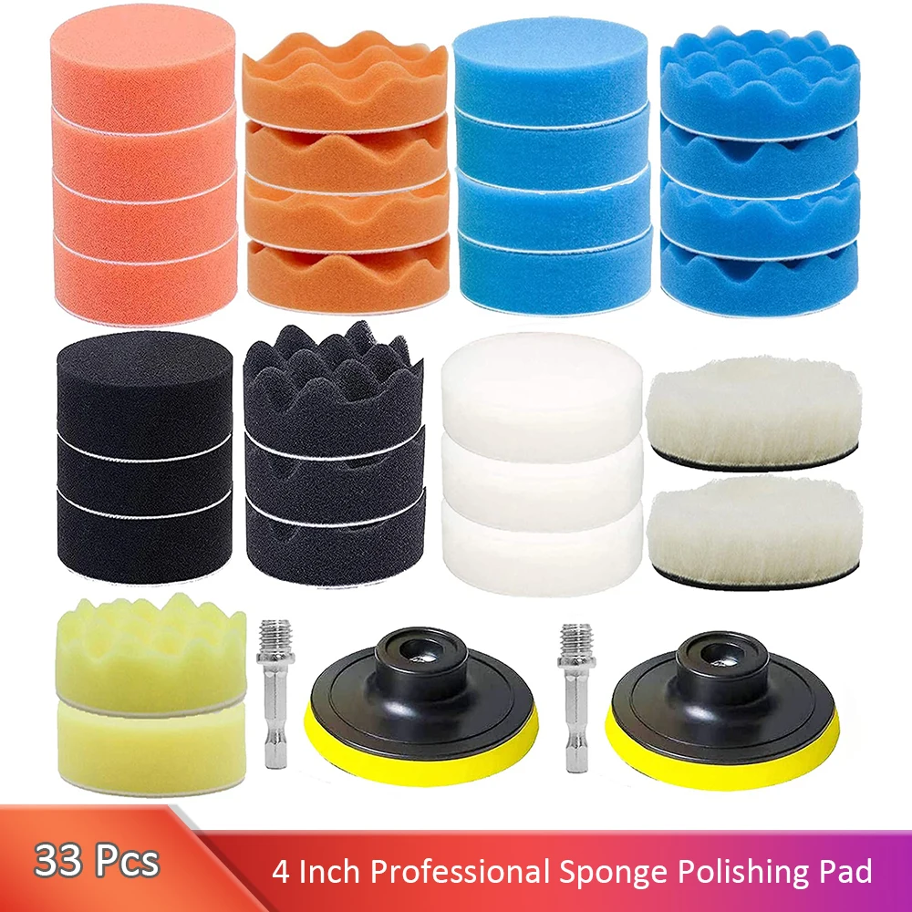 

33 Pieces 4 Inch Buffing Polishing Pads Car Foam Drill Polishing Pad Kit Sponge Pads Buffer Polisher Kit Headlight Restoration K