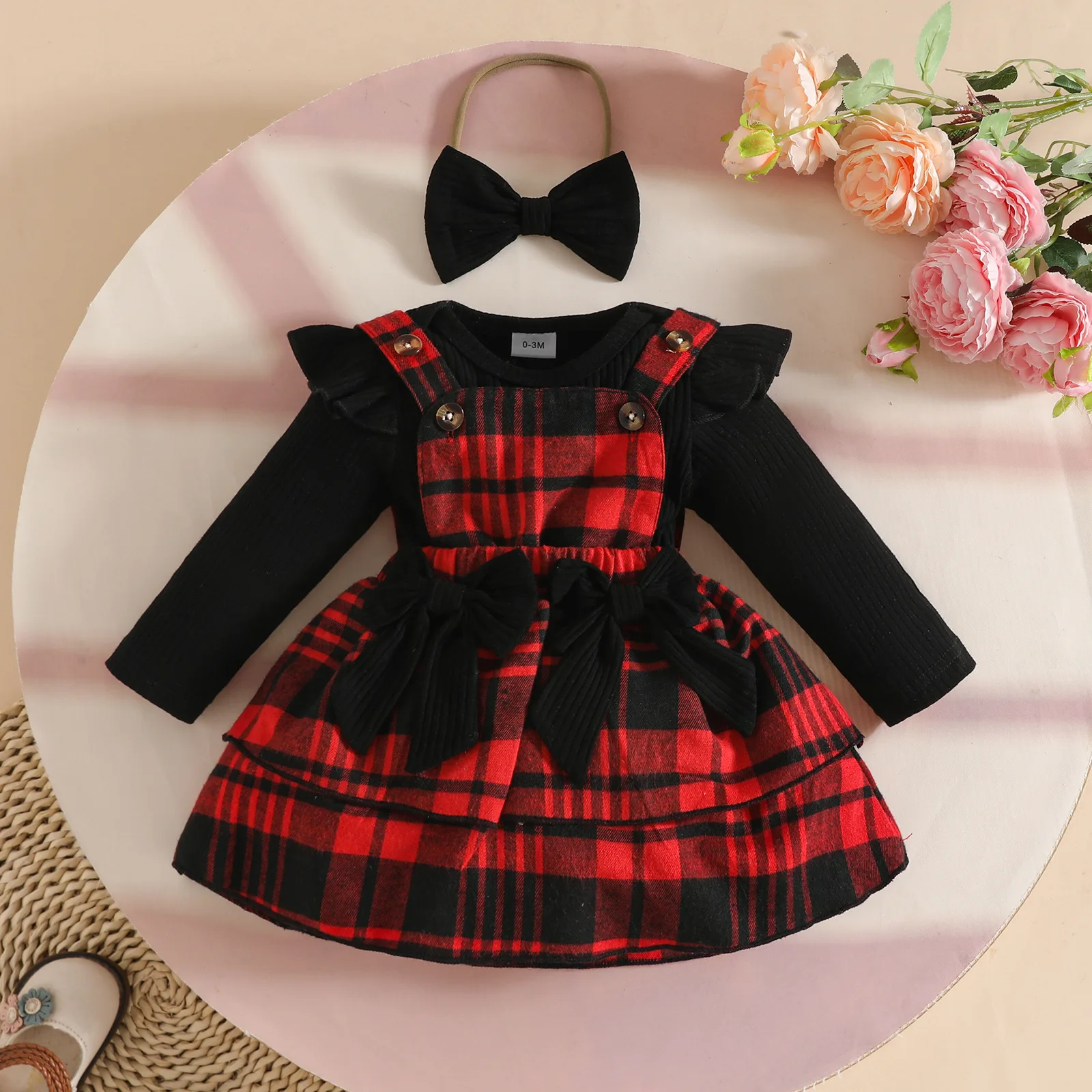 

Baby Girl Christmas Clothes Set Black Bodysuit+Red Plaid Dress+Headband 3pcs My First New Year Baby Girl Outfit Set