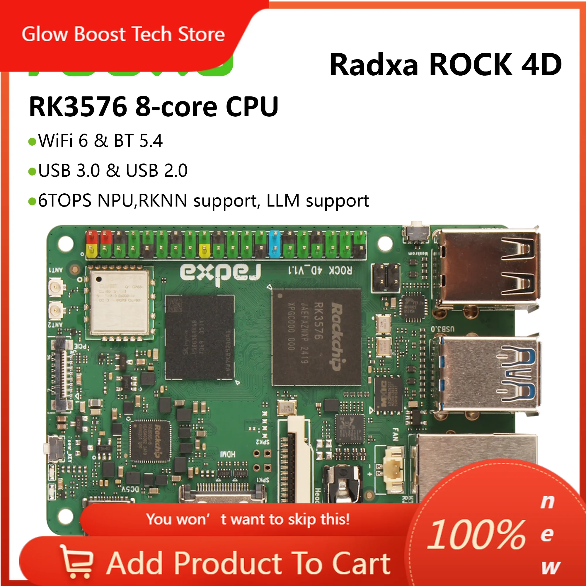 NYRadxa ROCK 4D RK3576, SBC con CPU de 8 Núcleos, Diseñado para IA Industrial y Edge, 6TOPS, Compatible con NPU RKNN, Compatible con LLM