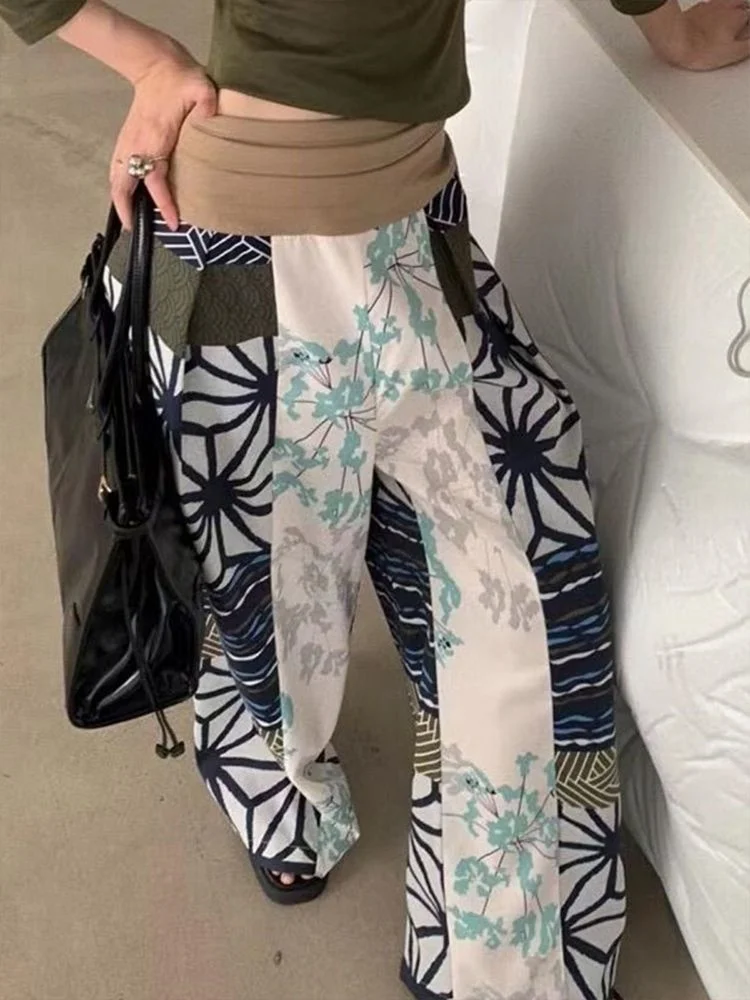 

Women's Japanese Patchwork Wide-Leg Pants-Geometric Floral Striped Print, High Waist Drawstring Loose Fit Trousers Spring Summer