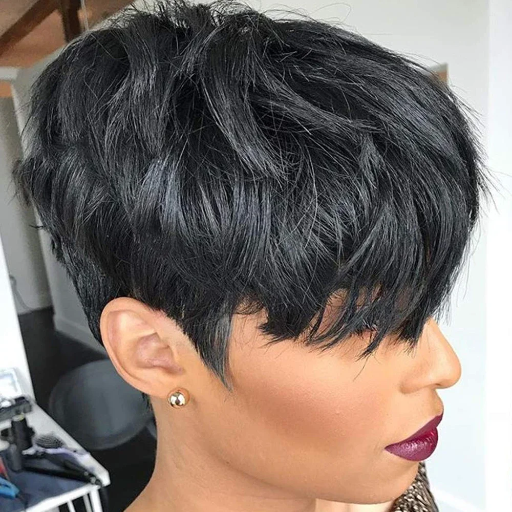 Short Bob Pixie Cut Wigs Raw Indian Short Straight Black Bob Pixie Cut Wavy Non Lace Front Human Hair Wig With Bangs For Women