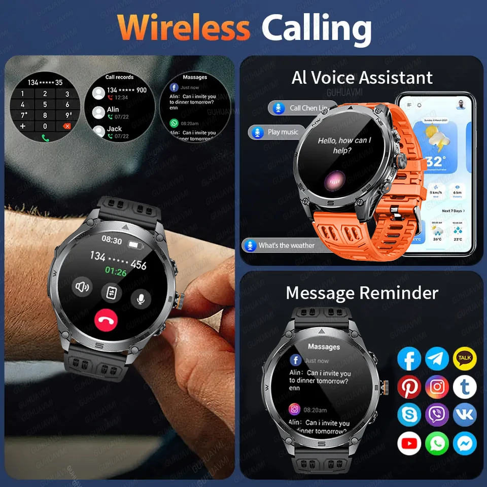 New Outdoor Sports GPS Compass Barometer SmartWatch Strong Light Flashlight IP68 Waterproof 1.75-inch AMOLED Smart Watch for Men