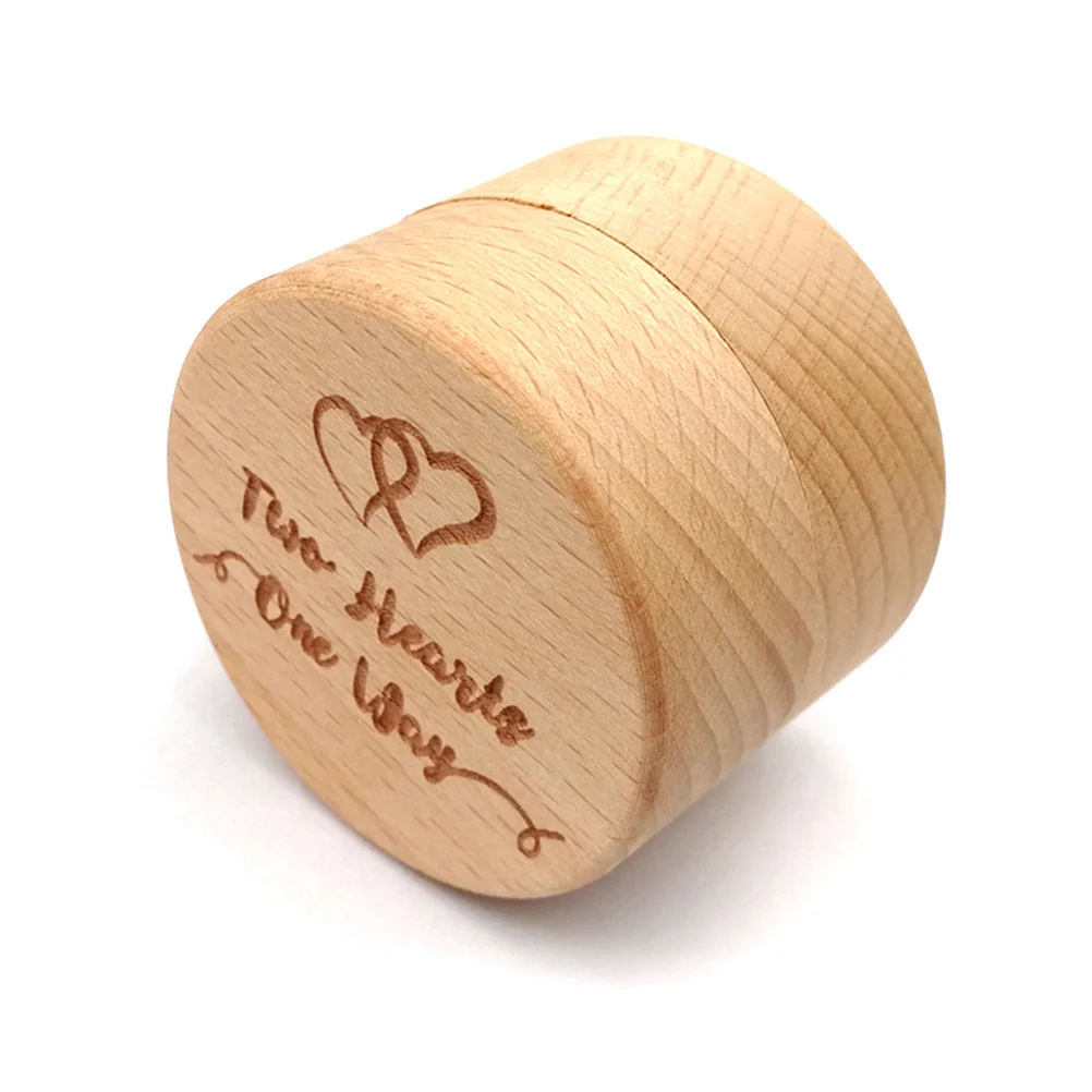 

Vintage Wooden Round Ring Box Rustic Wedding Engagement Romantic Ring Holder Two Hearts One Way Keepsake Storage
