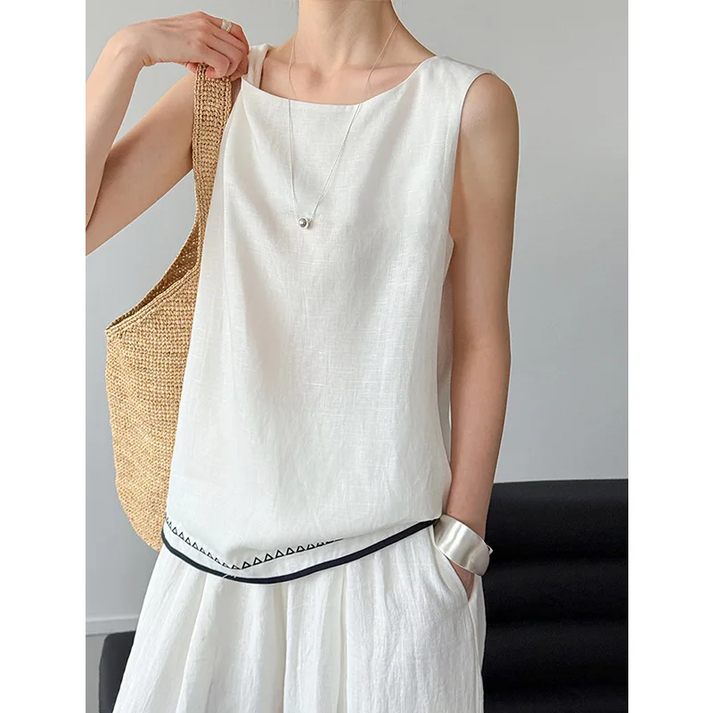 

Tencel linen sleeveless vest for women, Korean round neck shirt for slimming and high-end feel, loose vest 2025 new
