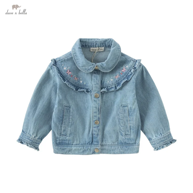 Dave Bella Children's Coat 2025 Spring New Sweet Cute Casual Pure Cotton Long Sleeve Girl's Denim Jacket Top Outdoor DB1250906