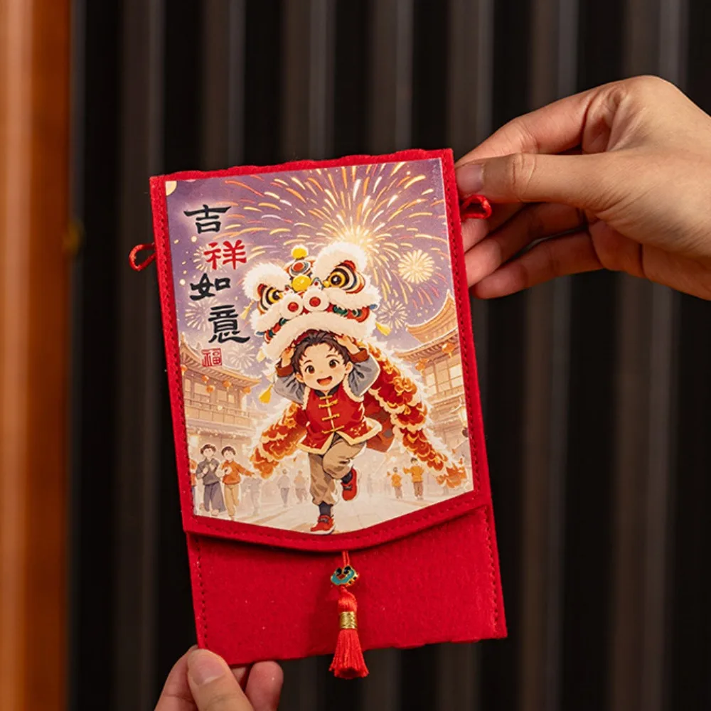 

Traditional Spring Festival Cloth Red Envelopes Chinese Style Rectangular Lucky Money Packet with Hanging Rope Cartoon Pattern
